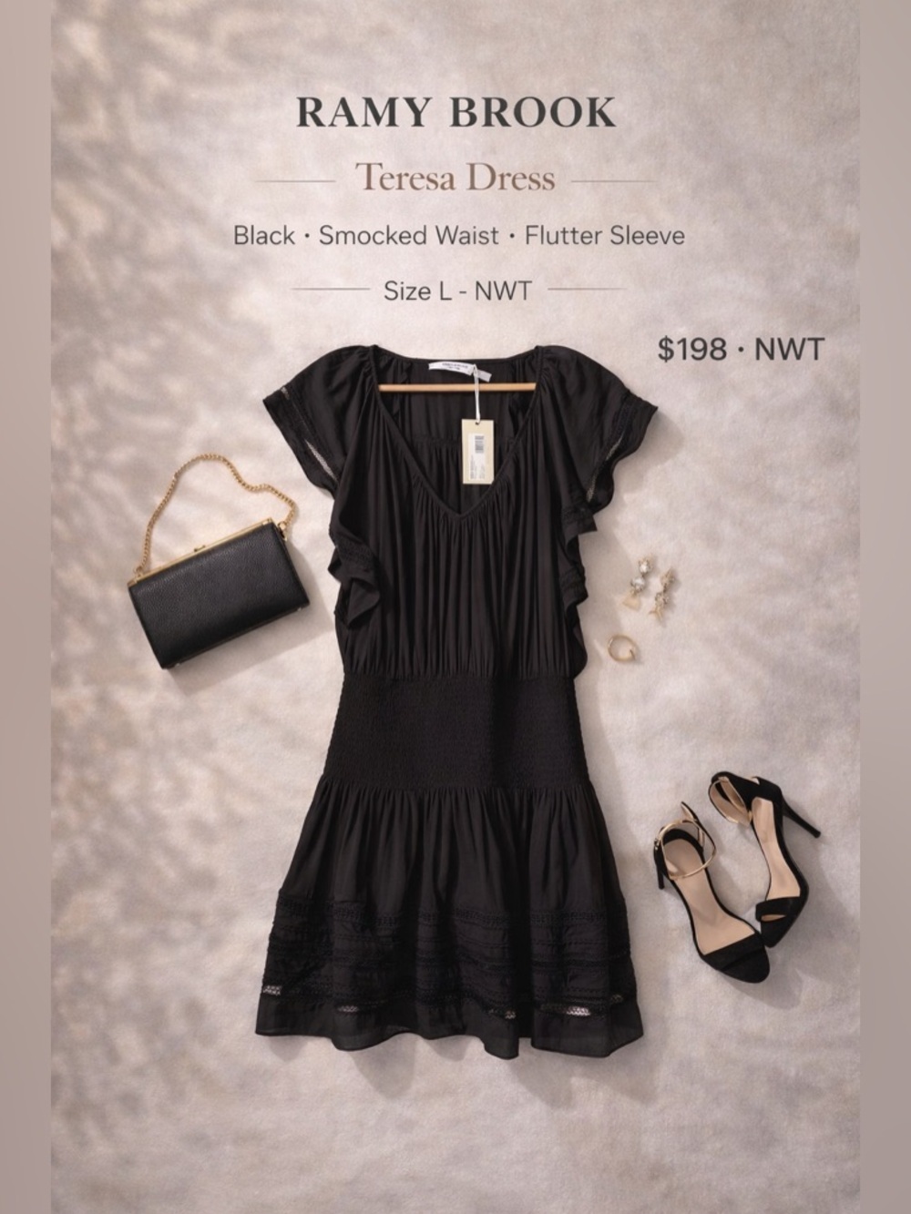 Ramy Brook Teresa Dress Black Smocked Waist Flutter Sleeve Size L NWT